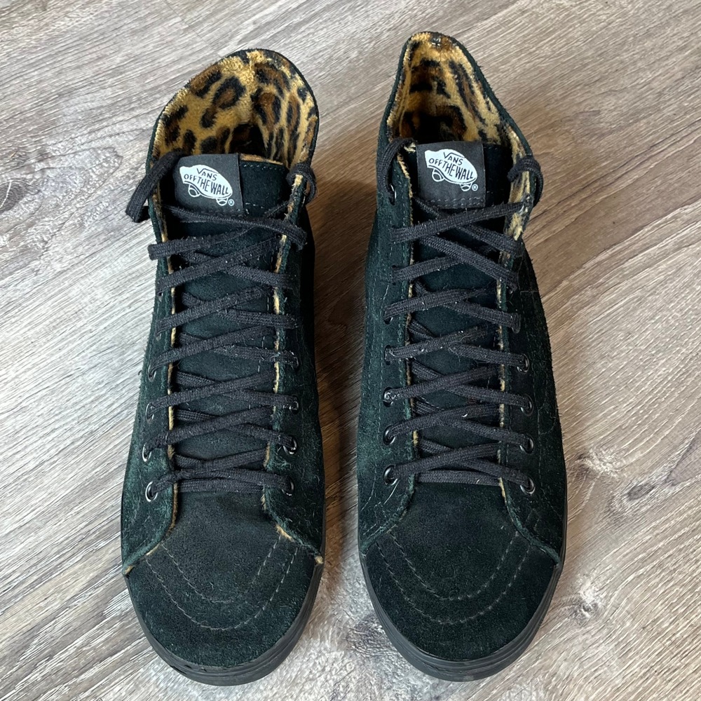 Vans Sk8-Hi Slim Black Suede‎ Leopard Print Faux Fur Lining Mens 9 Sneakers